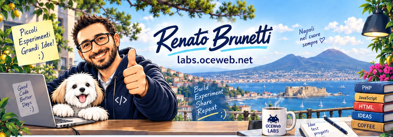 Renato Brunetti, illustrato alla scrivania con la sua maltese bianca dalle orecchie beige. Sullo sfondo una veduta illustrata del golfo di Napoli, con il Vesuvio e Castel dell’Ovo; davanti, computer, libri e un quaderno.